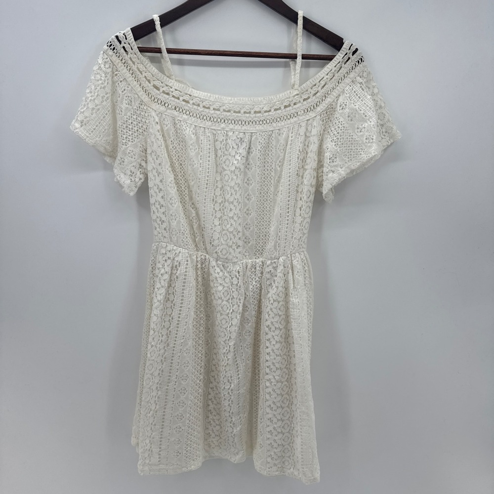 By & By Crochet‎ Off The Shoulder Mini Dress Womens Large Beige Cotton Floral